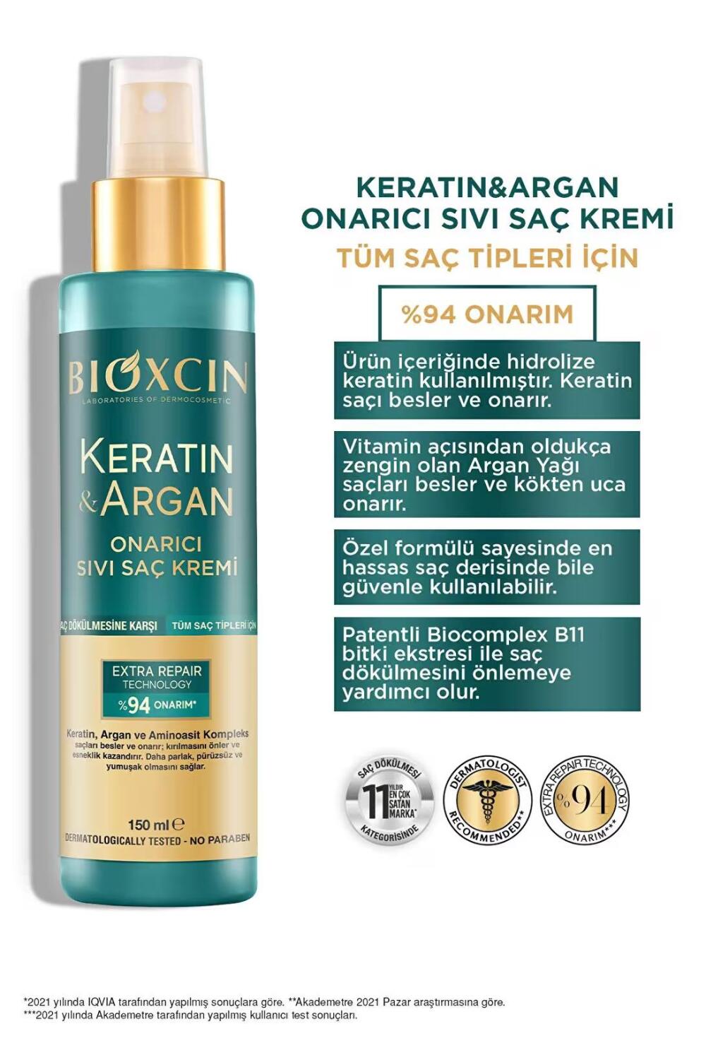 Bioxcin Keratin & Argan Onarıcı Sıvı Saç Bakım Kremi 150 ml - 3